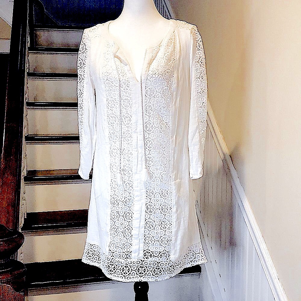 LUCKY BRAND Fully Lined White Crochet Long Sleeve Tunic w Tassels Sz Small - Picture 10 of 16